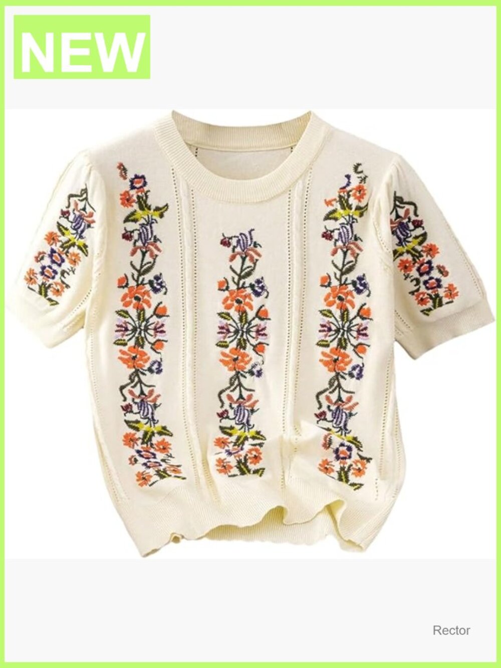 Floral Embroidered Short Sleeve Knit Pullover Sweater Boho